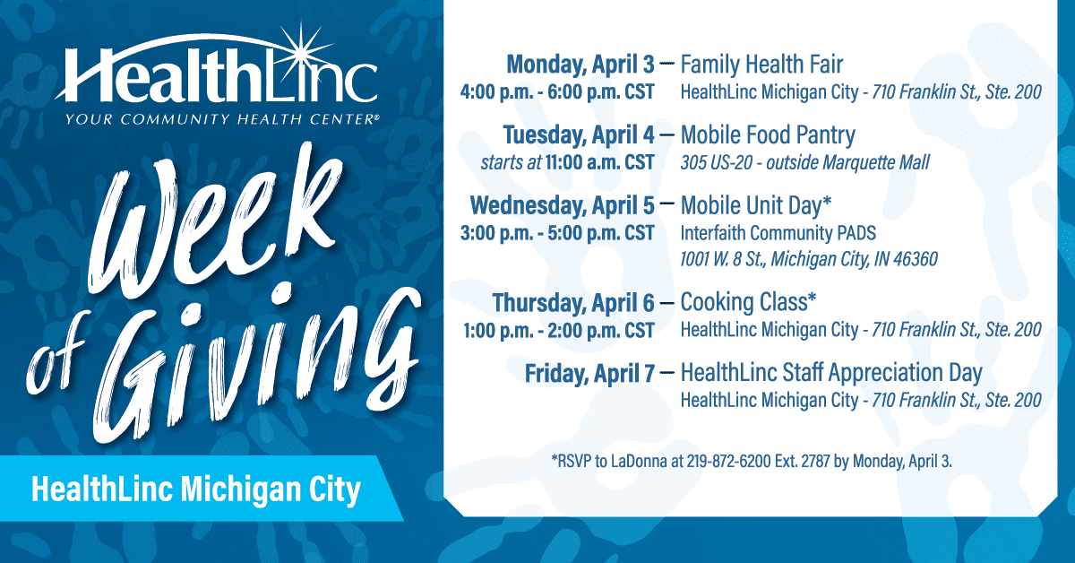 An image for HealthLinc Michigan City's Week of Giving, including information on the cooking class happening on April 5.