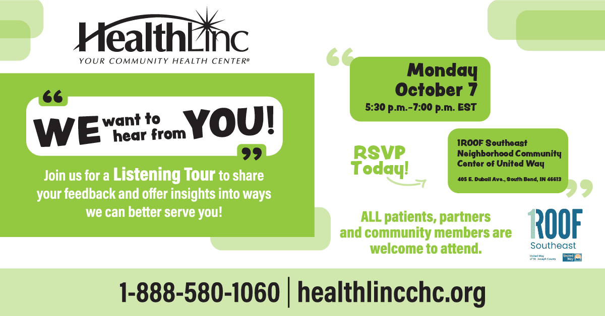 Listening Tour in South Bend at 1Roof Community Center on Monday, October 7 from 5:30 to 7 p.m. EST.