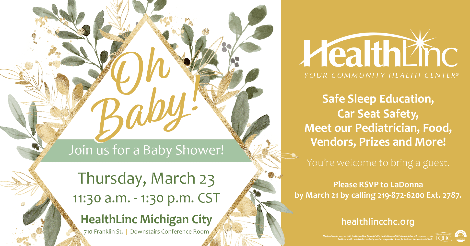 A banner for the baby shower at HealthLinc Michigan City at 710 Franklin St. being held on March 23 from 11:30 to 1:30 p.m. CST.