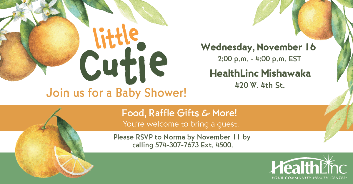A banner showing information for the community baby shower at HealthLinc Mishawaka on November 16 from 2:00 p.m. - 4:00 p.m. EST.
