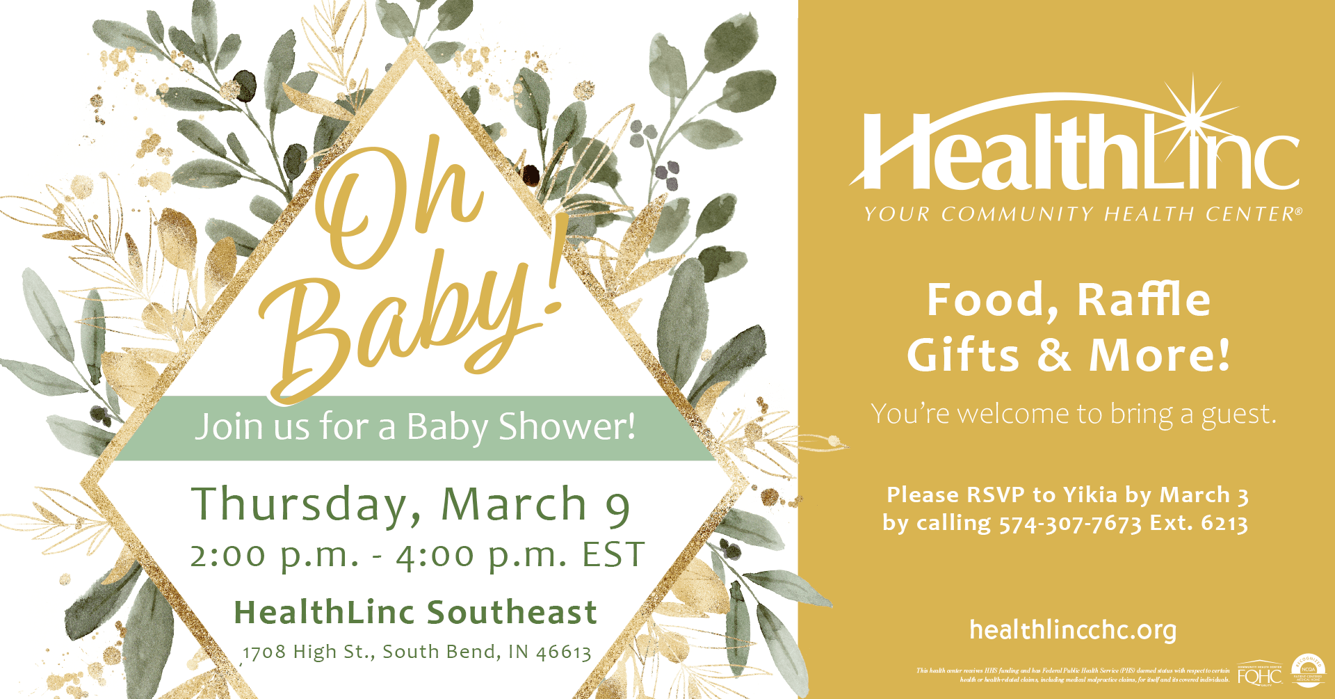A banner for the baby shower at HealthLinc Southeast on March 9 from 2-4 p.m. EST at 1708 High St., South Bend, IN.