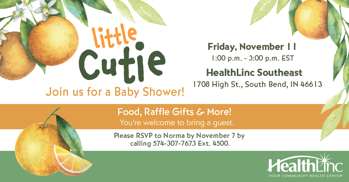 A banner showing information for the community baby shower at HealthLinc Southeast on November 11 from 1:00 p.m. - 3:00 p.m. EST.