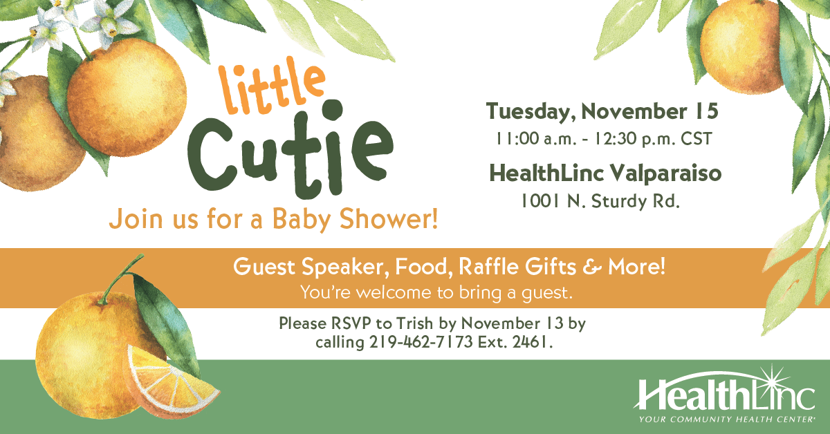 A banner showing information for the community baby shower at HealthLinc Valparaiso on November 15 from 11:00 a.m. - 12:30 p.m. CST.
