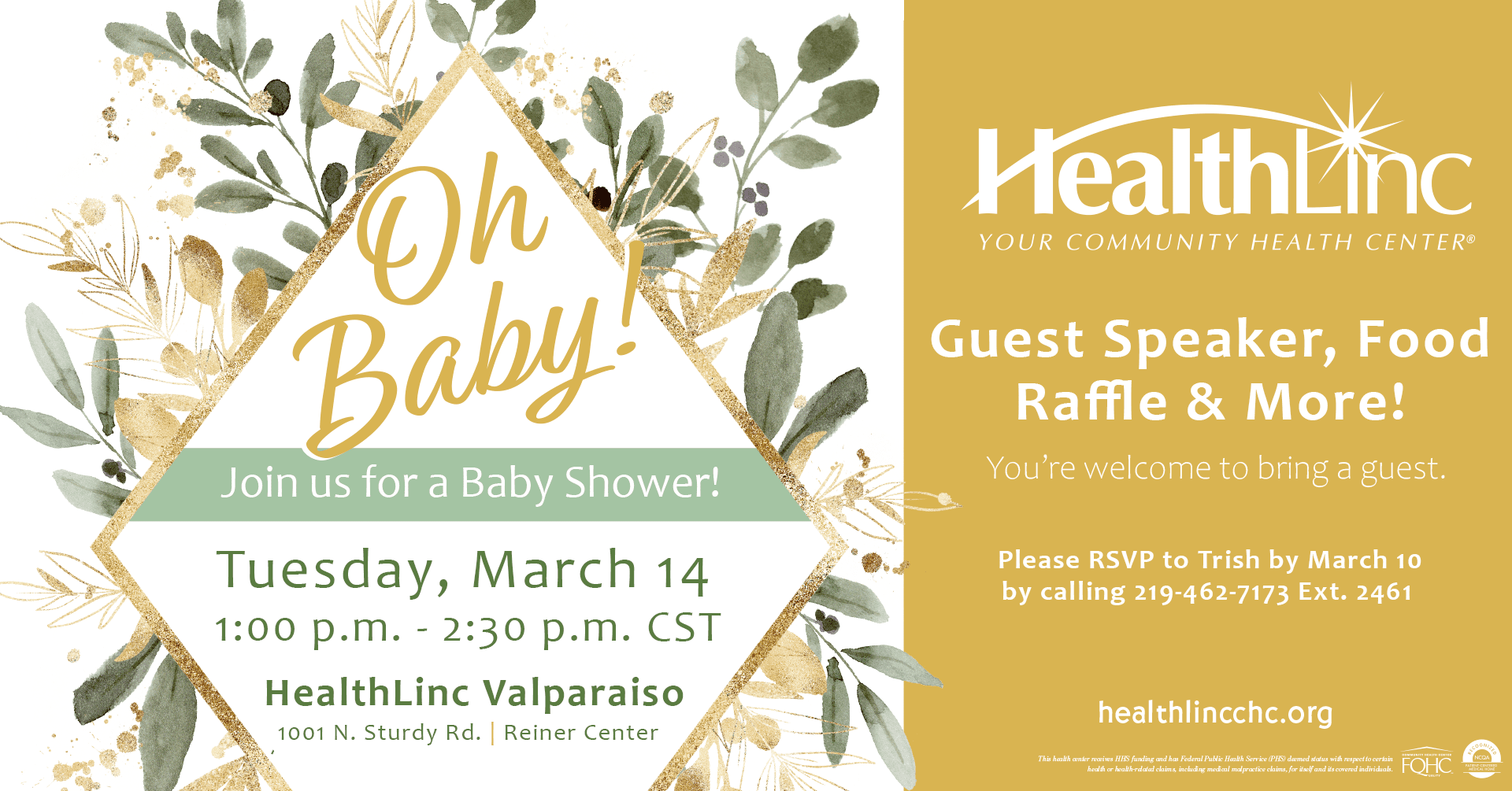 A banner for the baby shower at HealthLinc Valparaiso on March 14 from 1-2:30 p.m. CST at 1001 N. Sturdy Rd., Valparaiso, IN