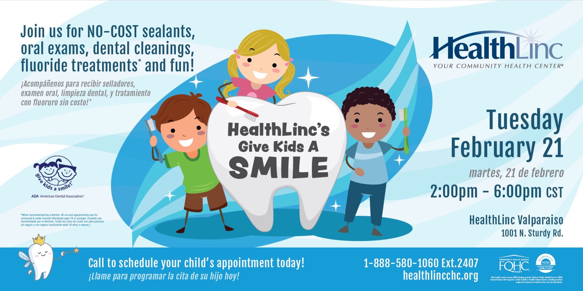 Banner for the HealthLinc Valparaiso Give Kids A Smile event that includes the date of February 21, 2023 from 2:00 p.m. - 6:00 p.m. CST that includes no-cost dental visits.